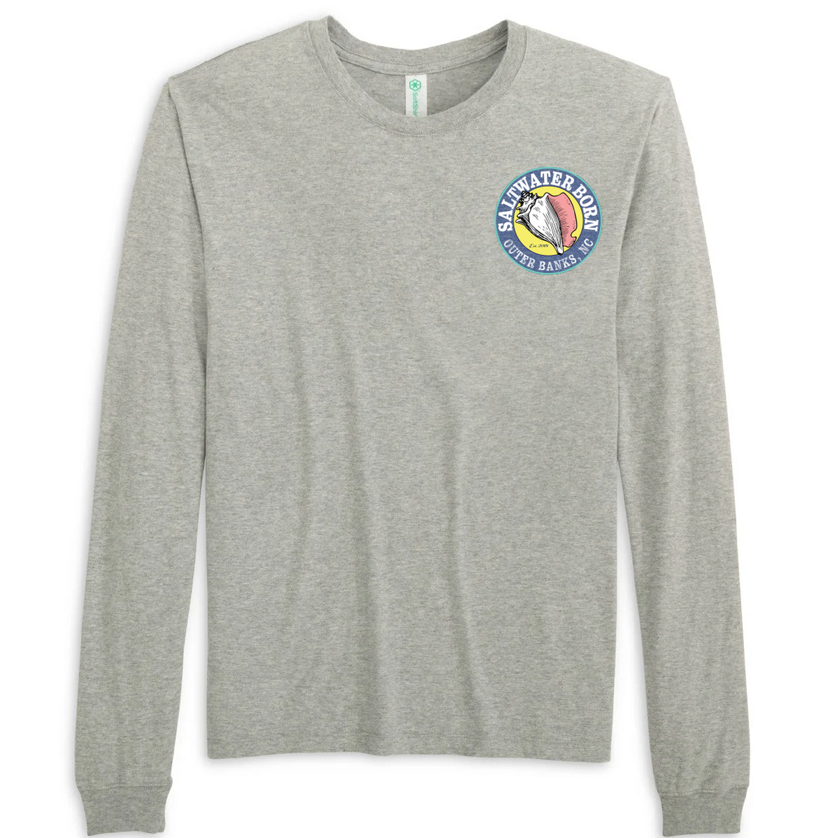 A heather gray long-sleeve t-shirt with a circular 'Saltwater Fish of the Bay' graphic printed on the left chest, displayed on a clean white background.