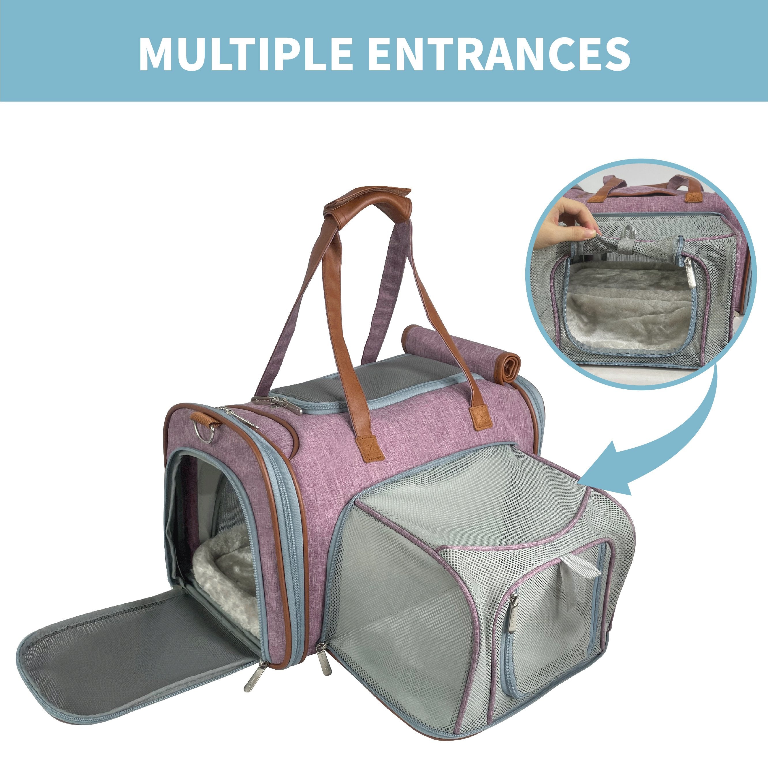 Pet carrier with multiple entrances and interior details on a white background