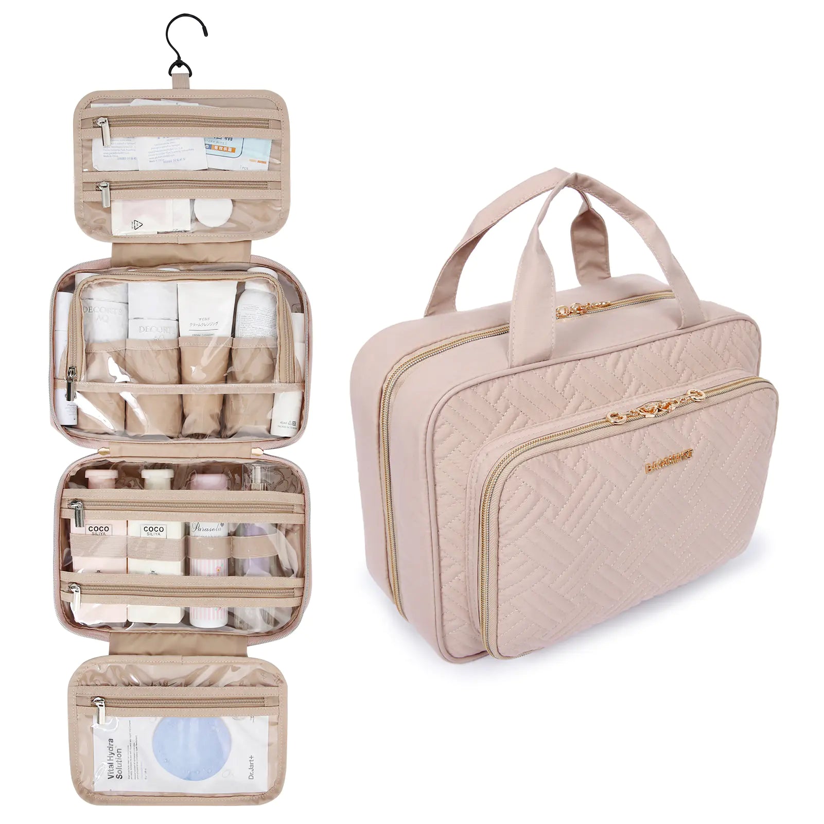 Beige travel organizer with products and matching carrying case on a white background