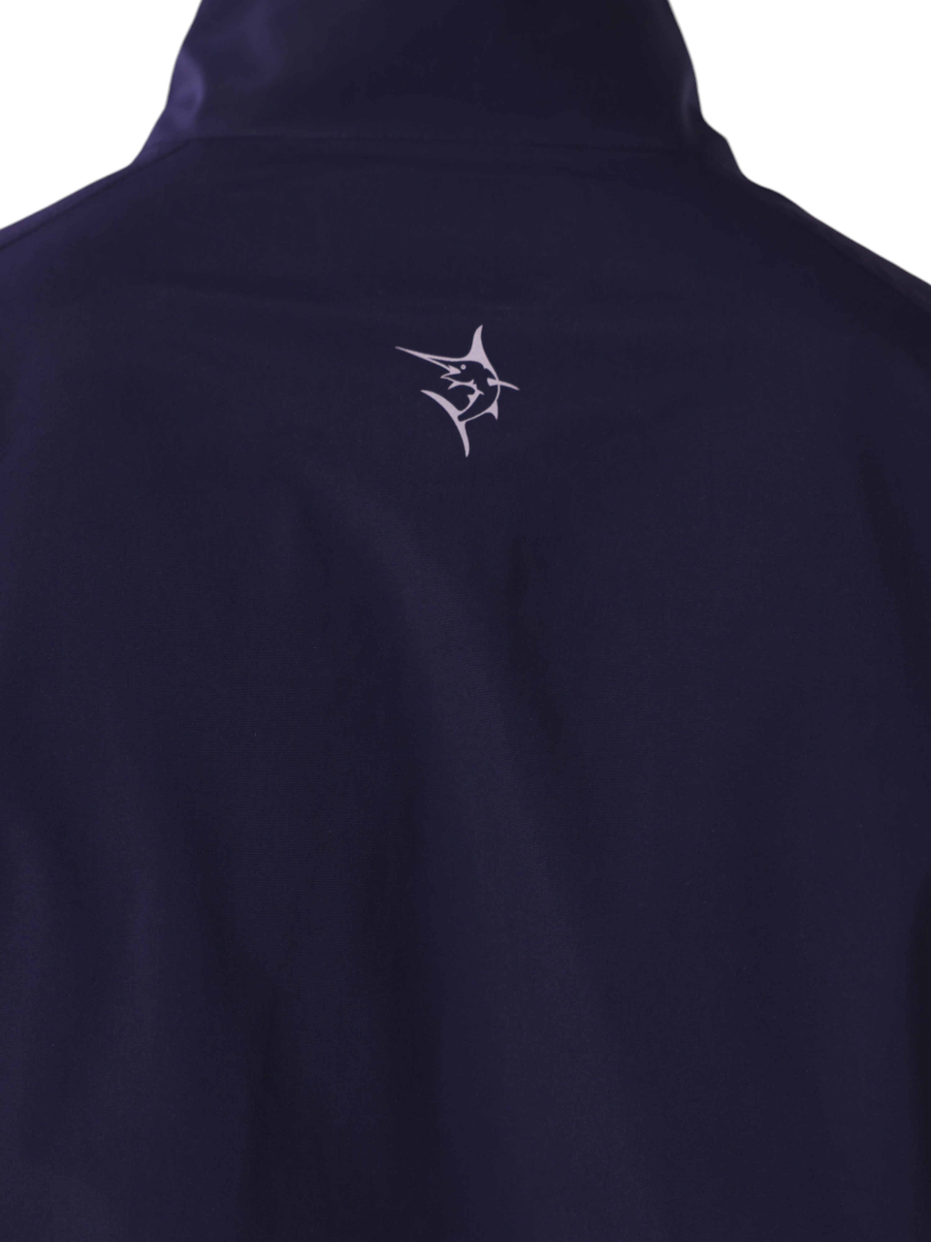 Navy blue jacket with a white logo on the chest against a white background