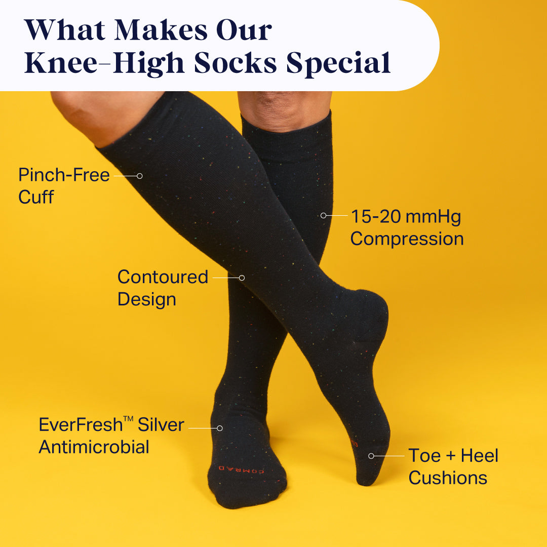 Black knee-high socks with features highlighted on a yellow background