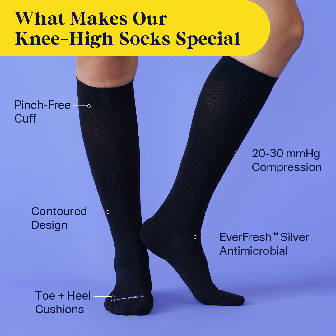 Black knee-high socks with features highlighted on a blue background