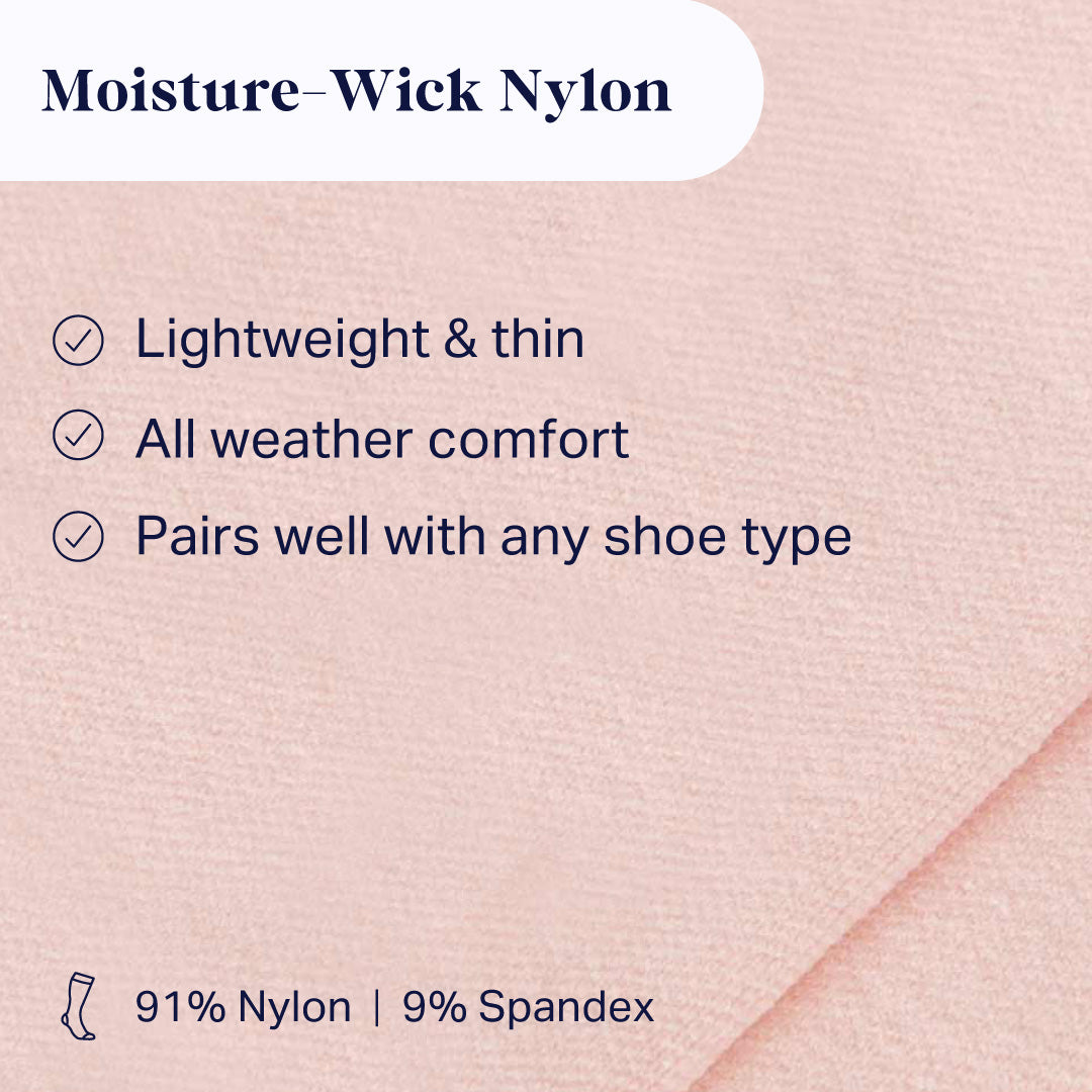 Moisture-wick nylon fabric with text highlighting features on a pink background