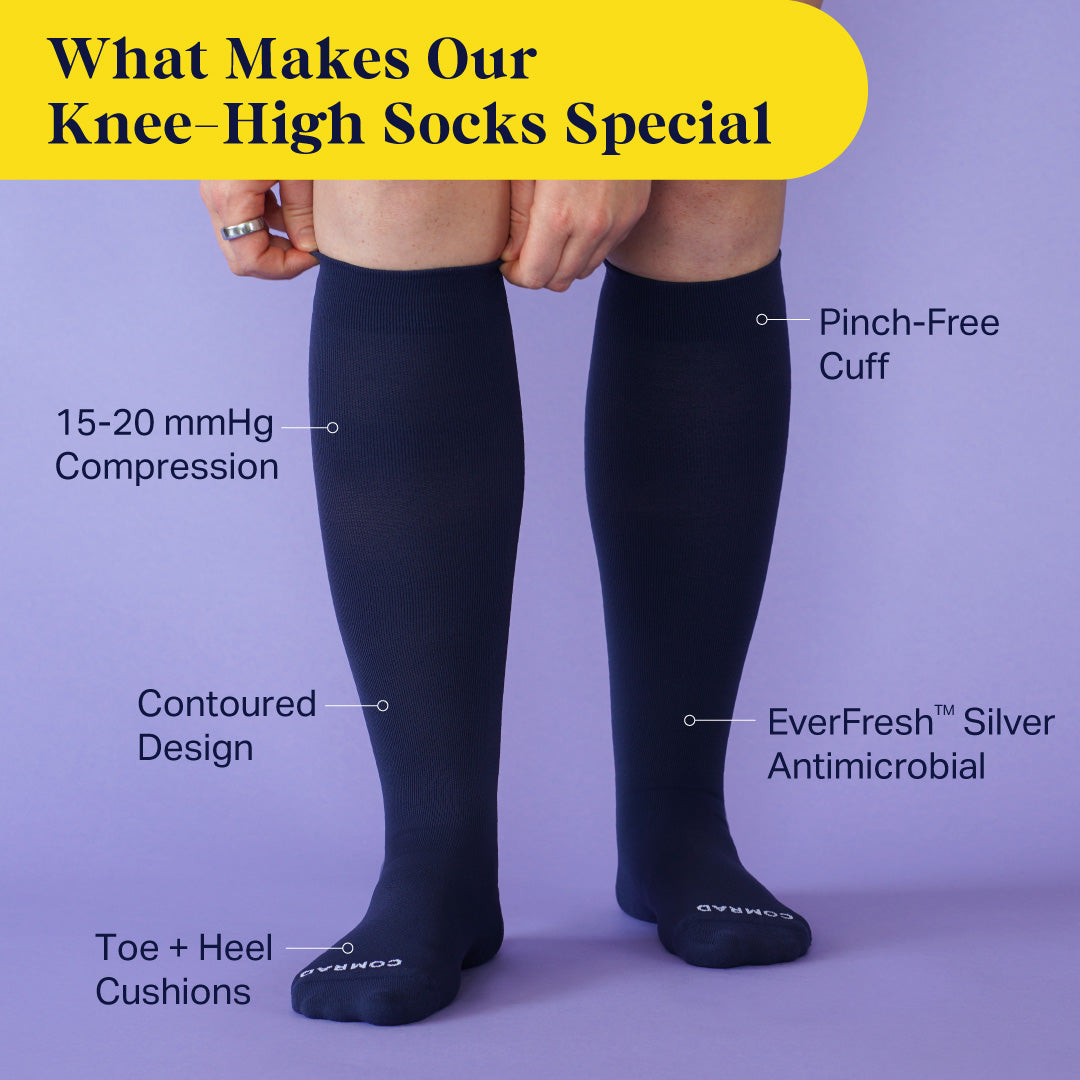 Knee-high socks with features highlighted on a purple background