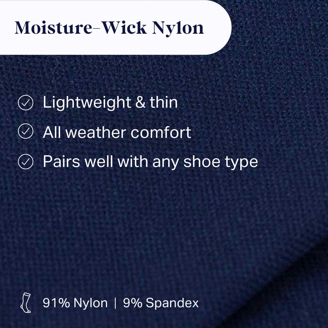 Moisture-wick nylon fabric with text highlighting features on a blue background