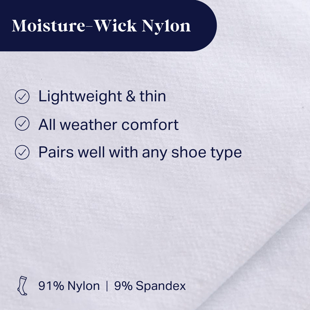 Moisture-wick nylon fabric with text highlighting features on a white background