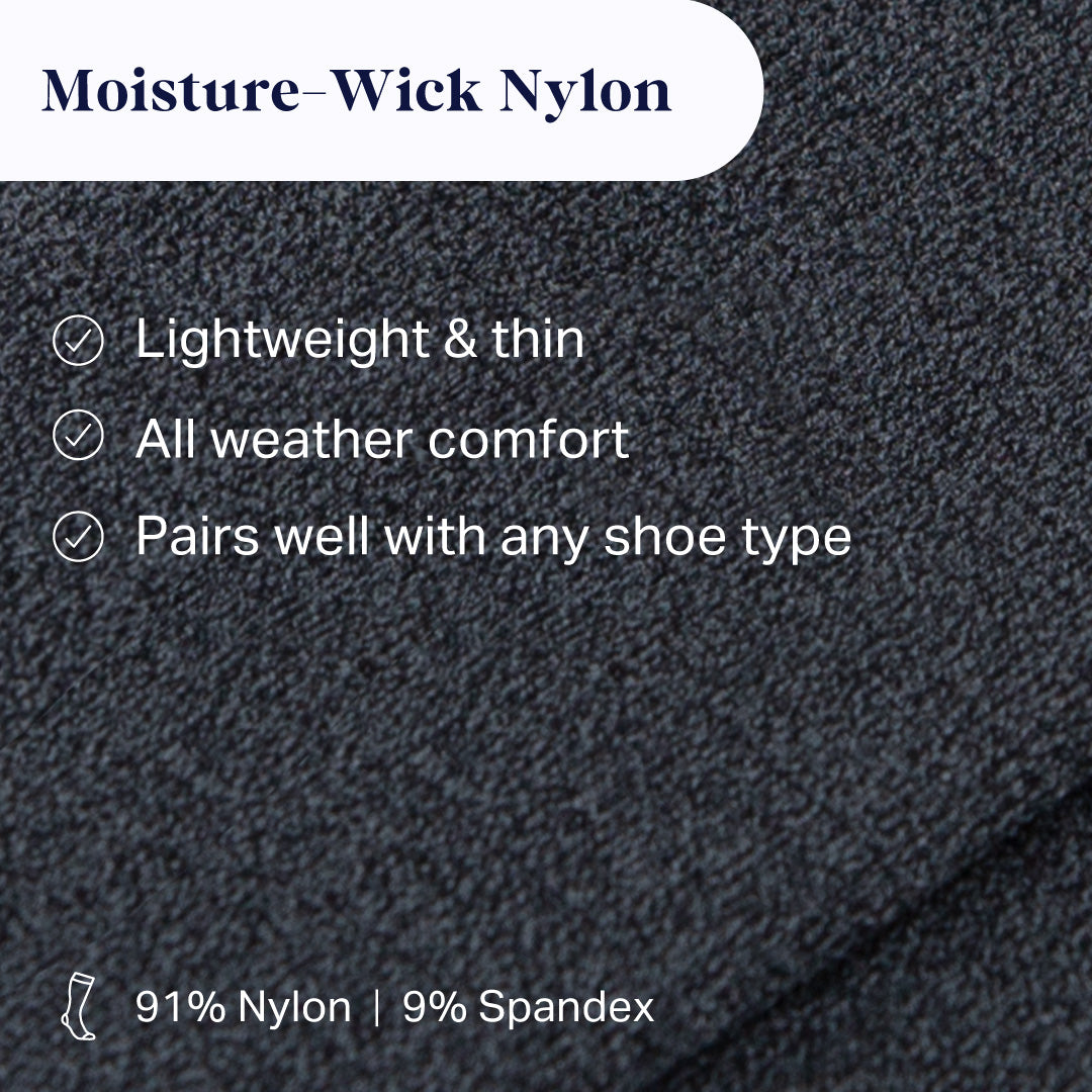 Moisture-wick nylon fabric with text highlighting features on a dark background