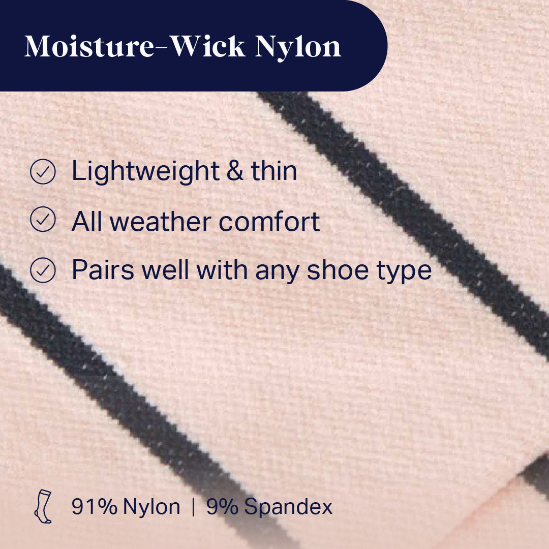 Moisture-wick nylon fabric with text highlighting features on a beige background