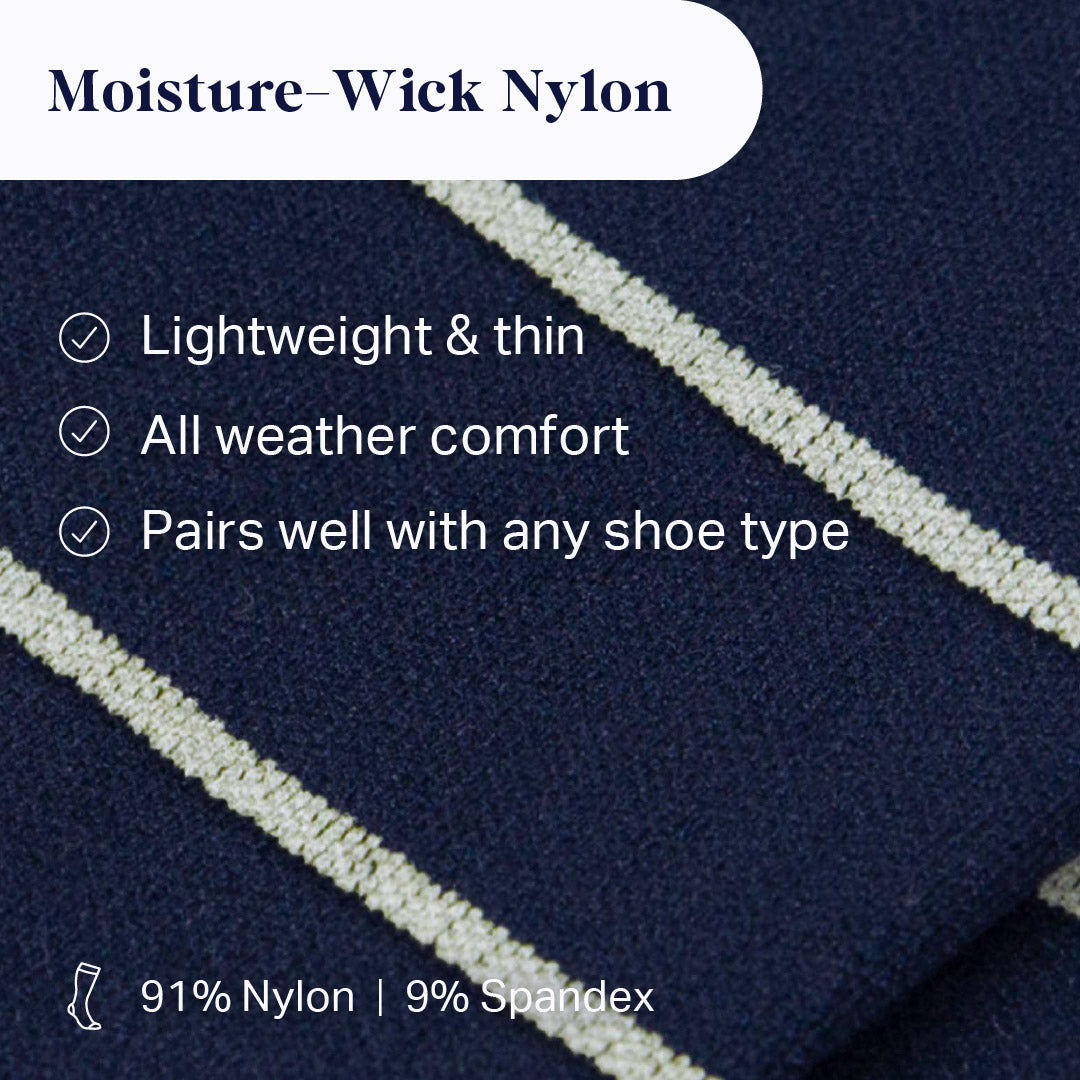 Moisture-wick nylon fabric with text highlighting features on a dark blue background