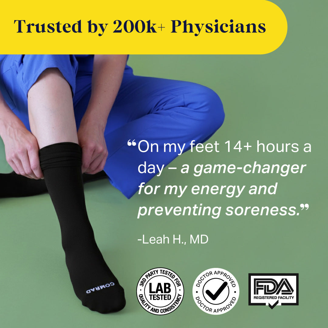 Person wearing compression socks with text about their benefits and certifications on a green background