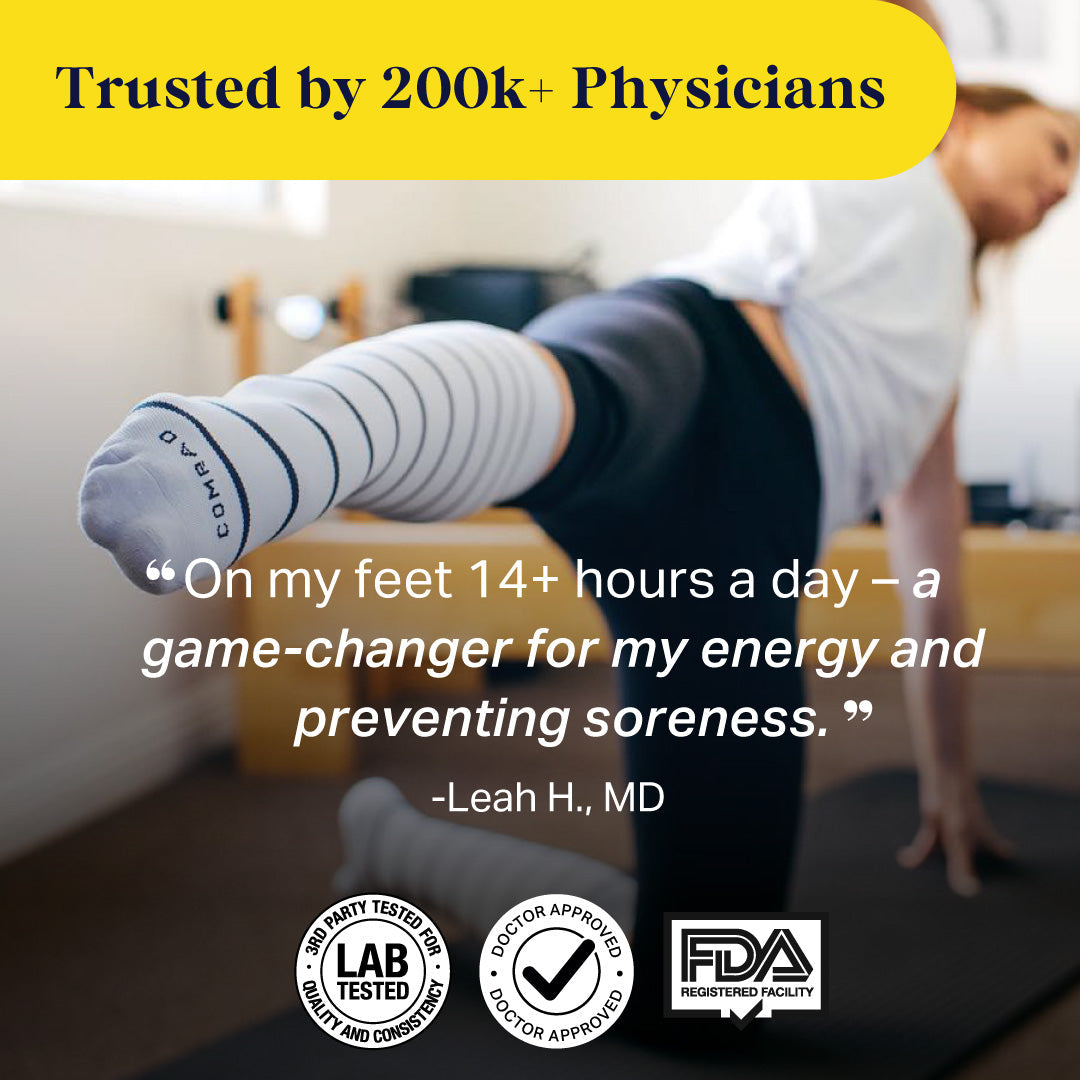 Person stretching with text about physicians trusting a product, featuring FDA and lab tested logos.