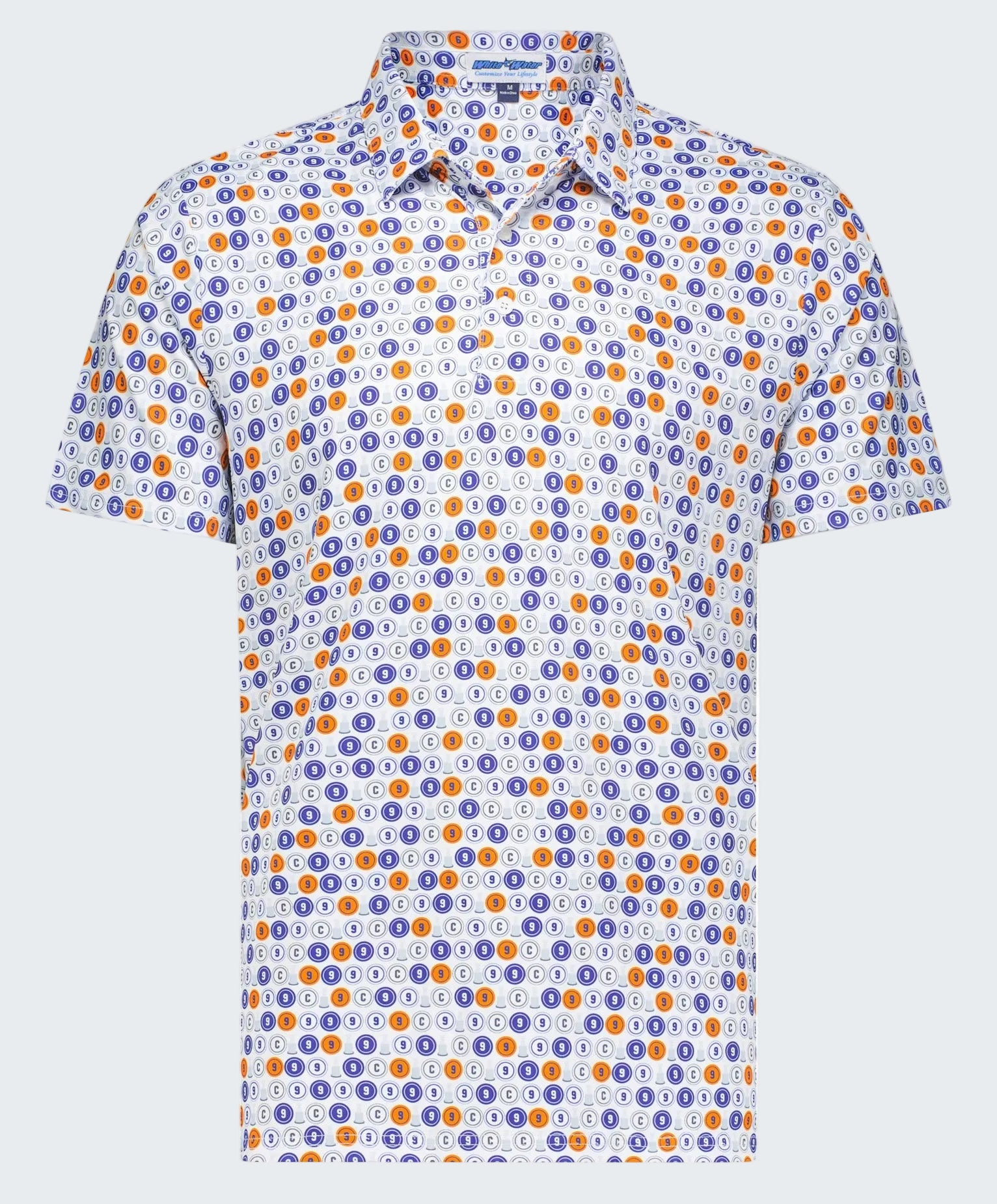 Short-sleeve shirt with a colorful pattern on a white background