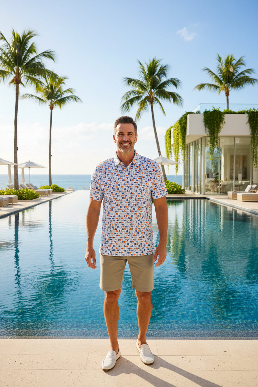 Short-sleeve shirt with a colorful geometric pattern on a white background