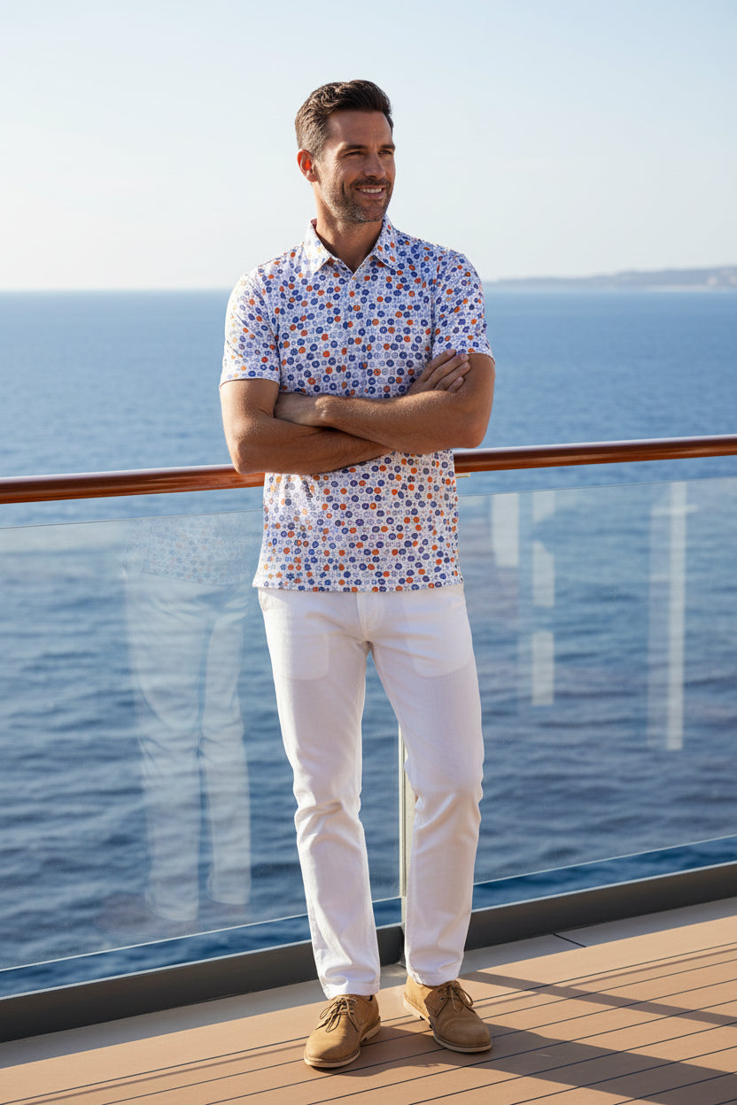 Short-sleeve shirt with a colorful geometric pattern on a white background