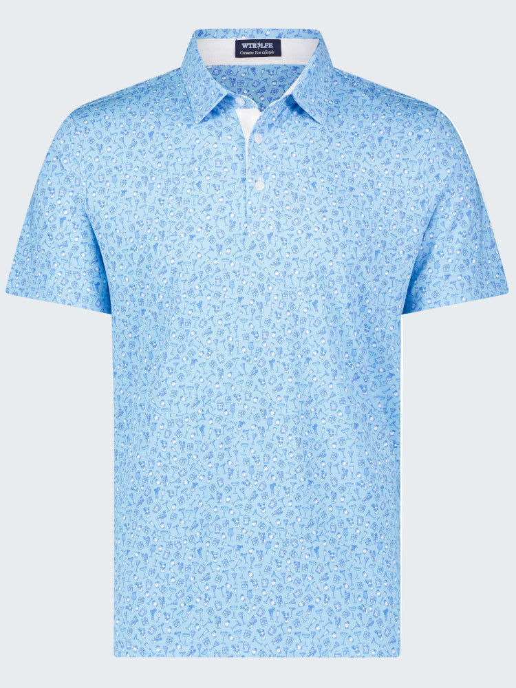 Blue patterned polo shirt on a white background