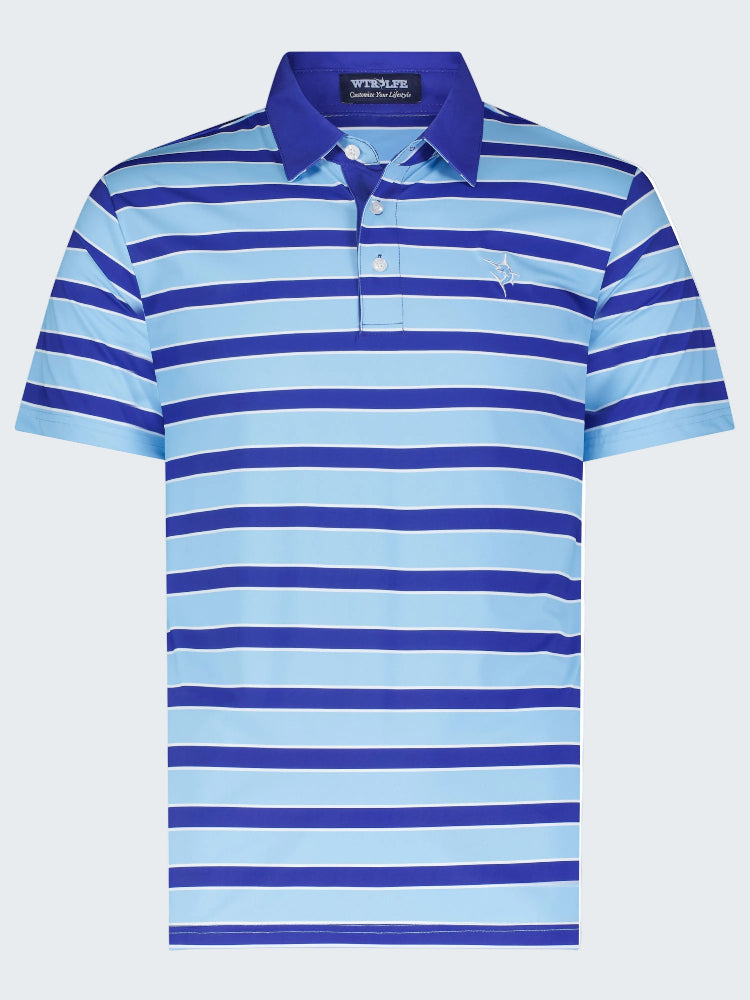 Blue and light blue striped polo shirt on a white background