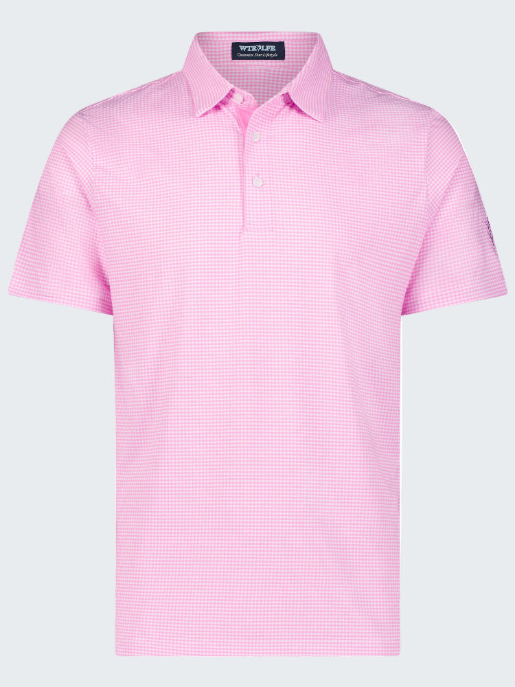 Pink checkered polo shirt on a white background