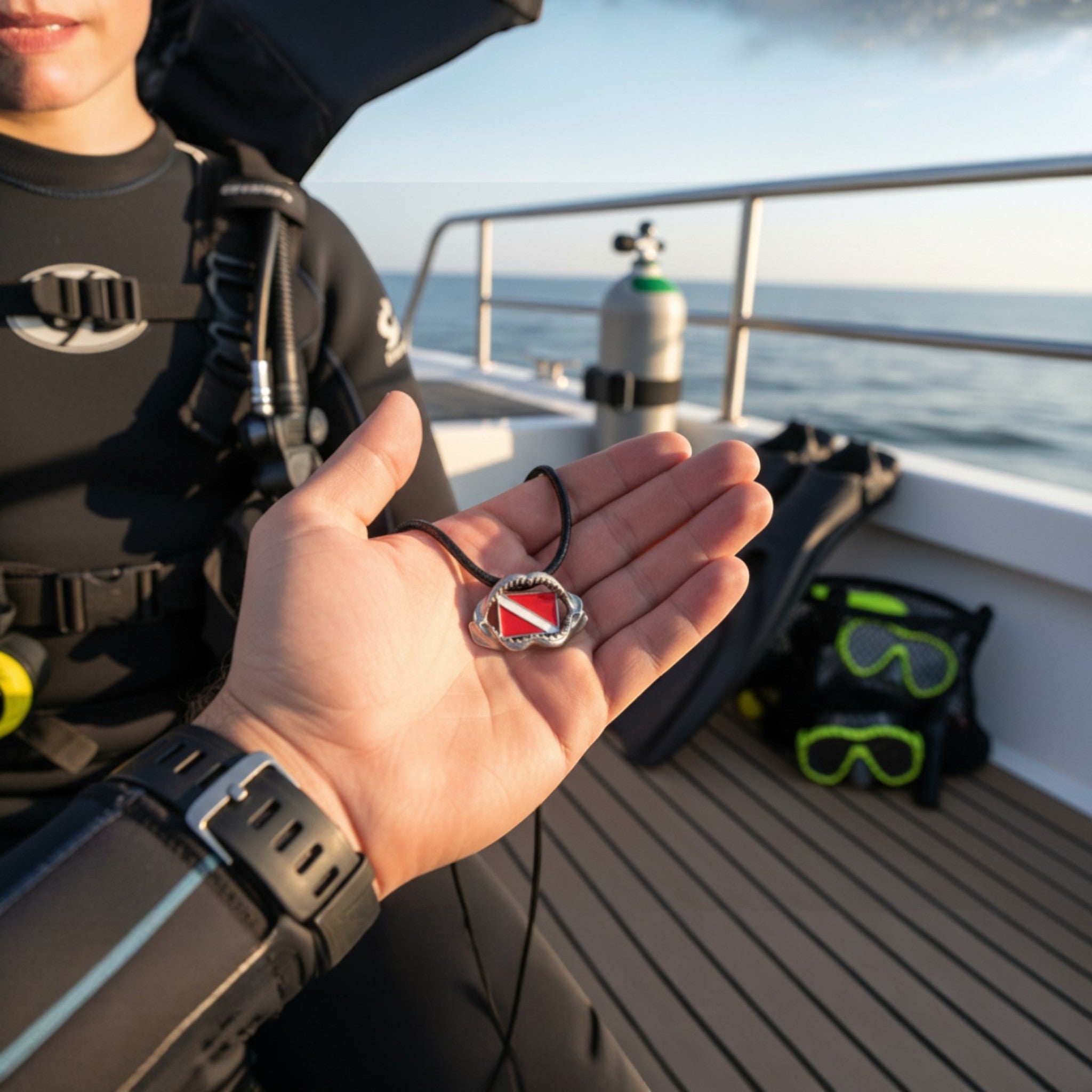 Person in diving gear holding a dive badge on a boat with ocean view