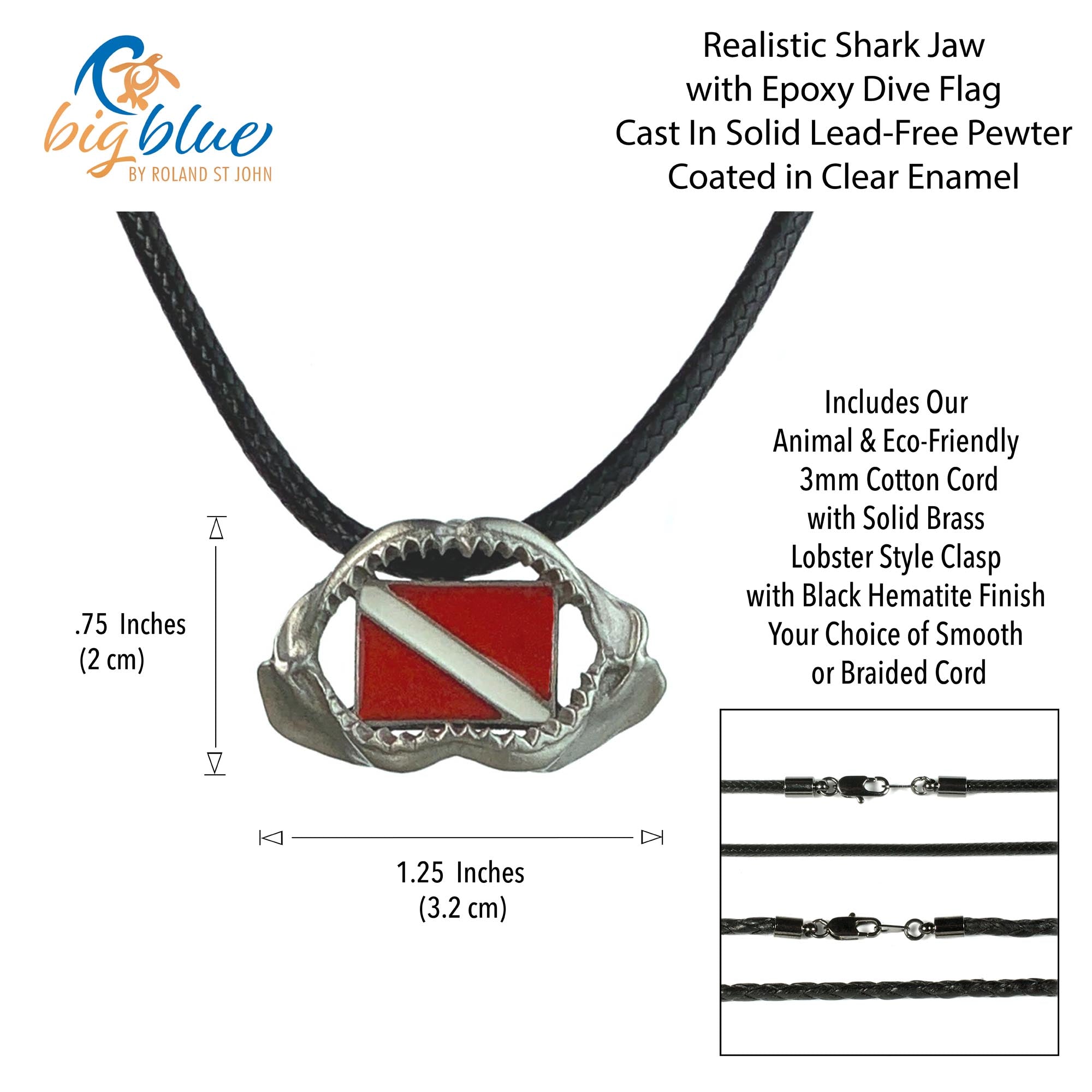 Shark jaw necklace with epoxy dive flag, solid lead-free pewter, and clear enamel finish, featuring Big Blue brand.
