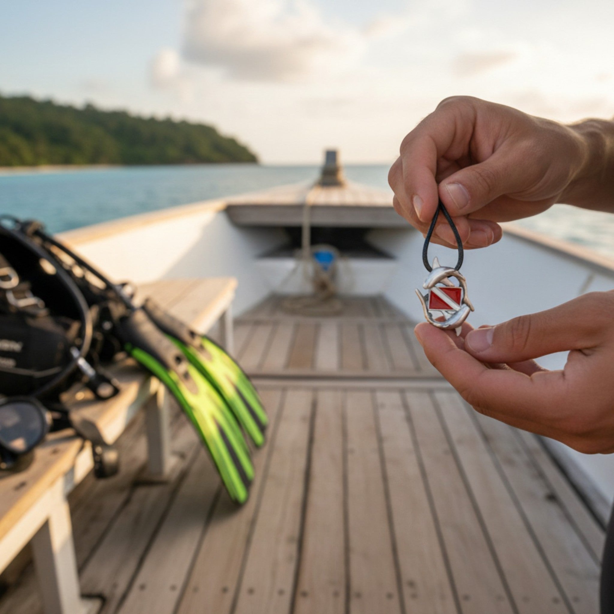 Person holding a diving badge on a boat with diving equipment