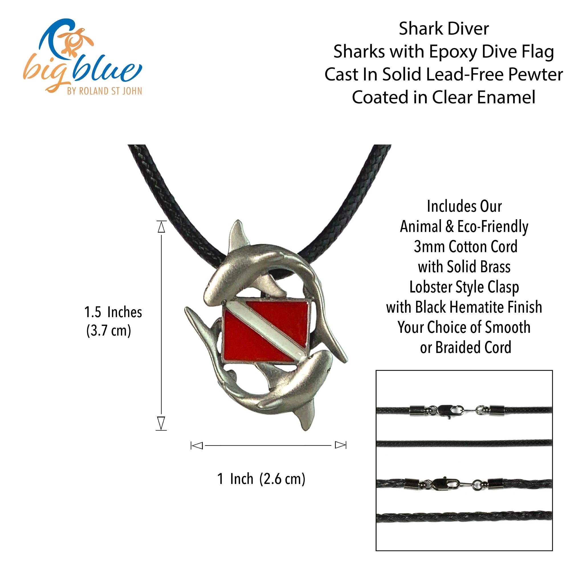 Shark diver necklace with epoxy dive flag on a white background, featuring Big Blue by Roland St. John branding.