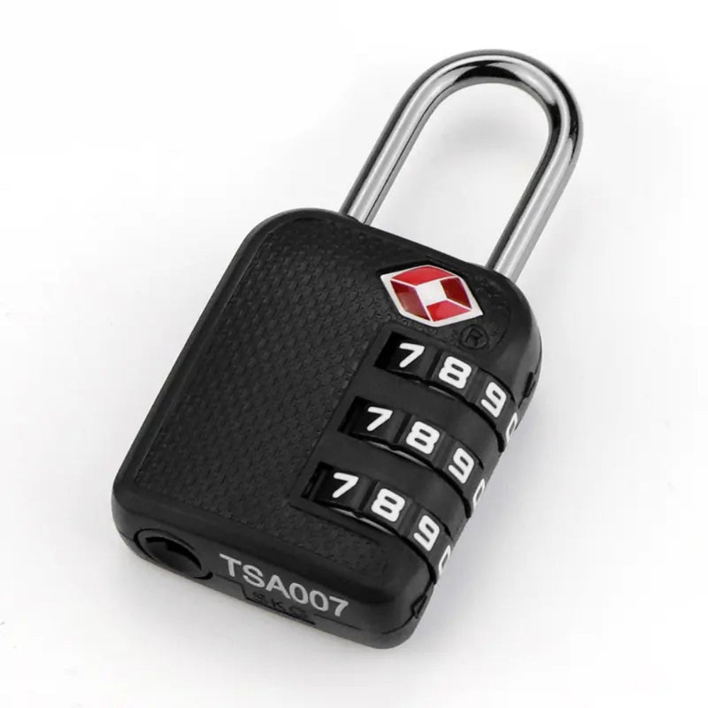 Black combination lock with a visible brand logo on a white background