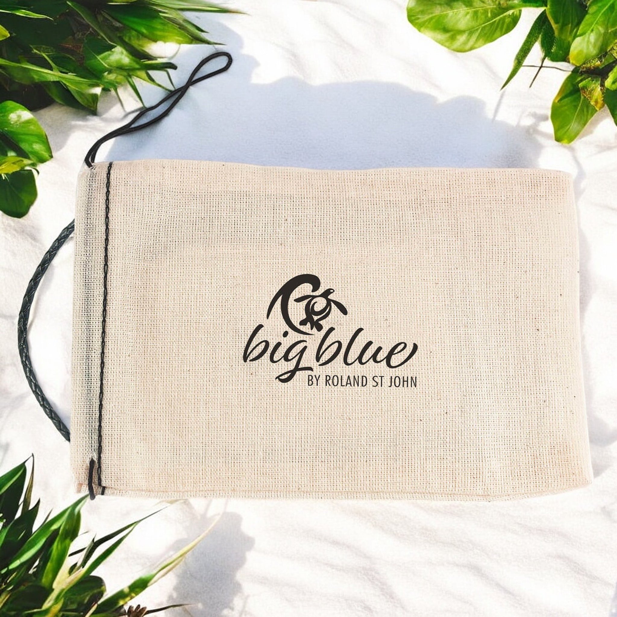 Beige pouch with 'bigblue' logo on a white background with green leaves.