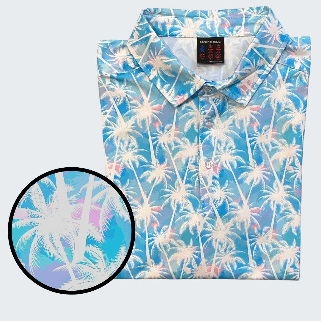 Blue shirt with palm tree pattern on a white background