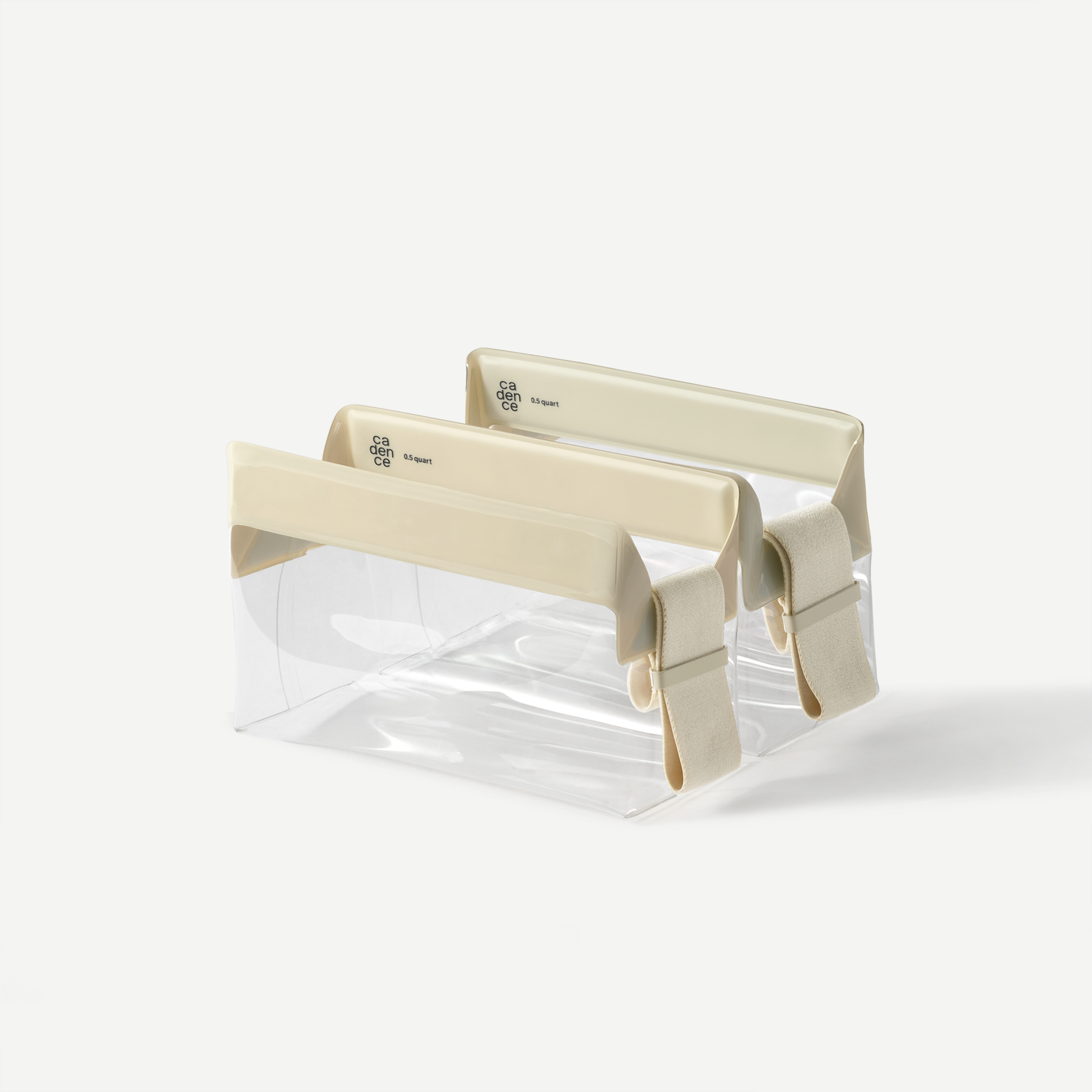 Clear plastic bag with beige handles on a white background