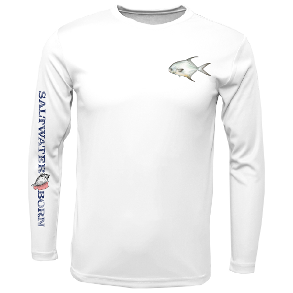 White long-sleeve shirt with fish design and 'Saltwater Born' text on a white background
