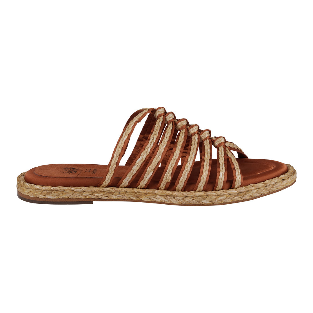 Brown sandal with woven details on a white background