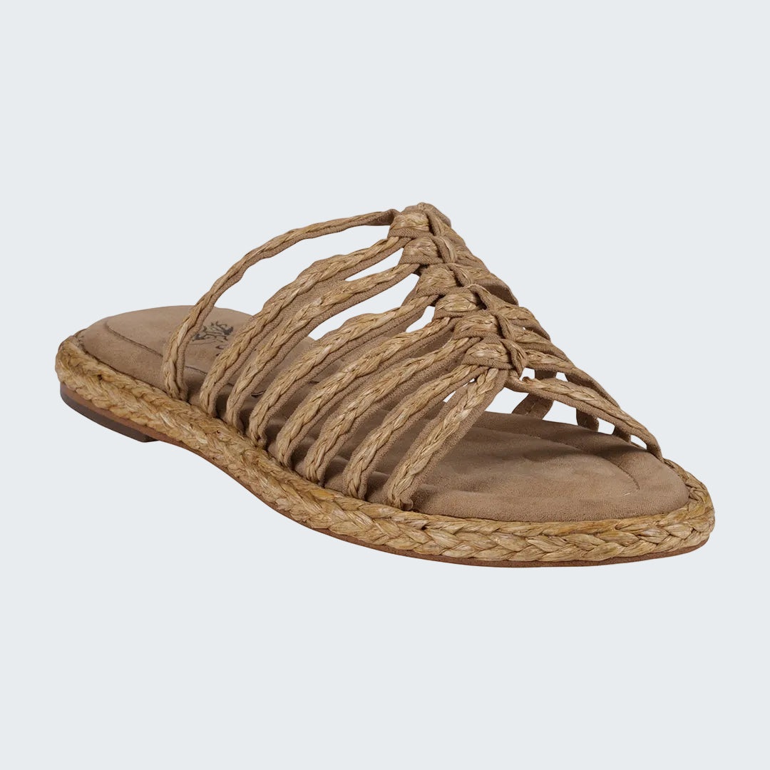 Brown sandal with woven straps on a white background