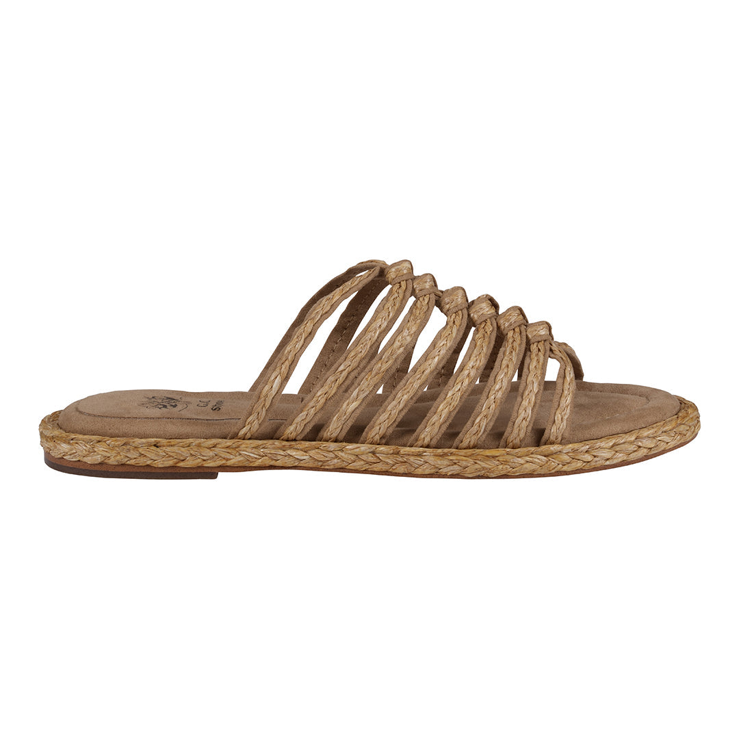 Brown sandal with woven straps on a white background