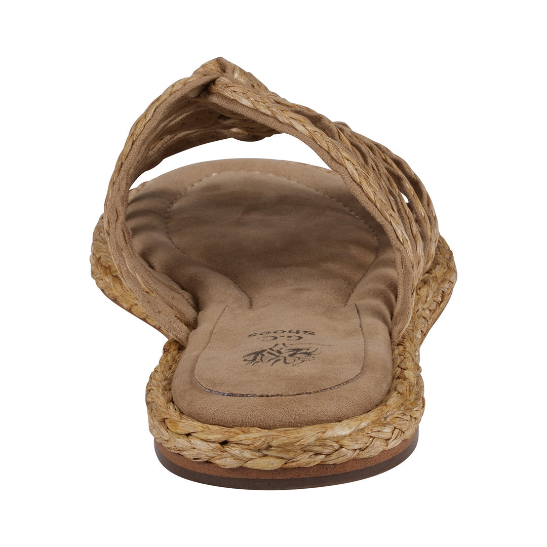 Brown sandal with woven design on a white background