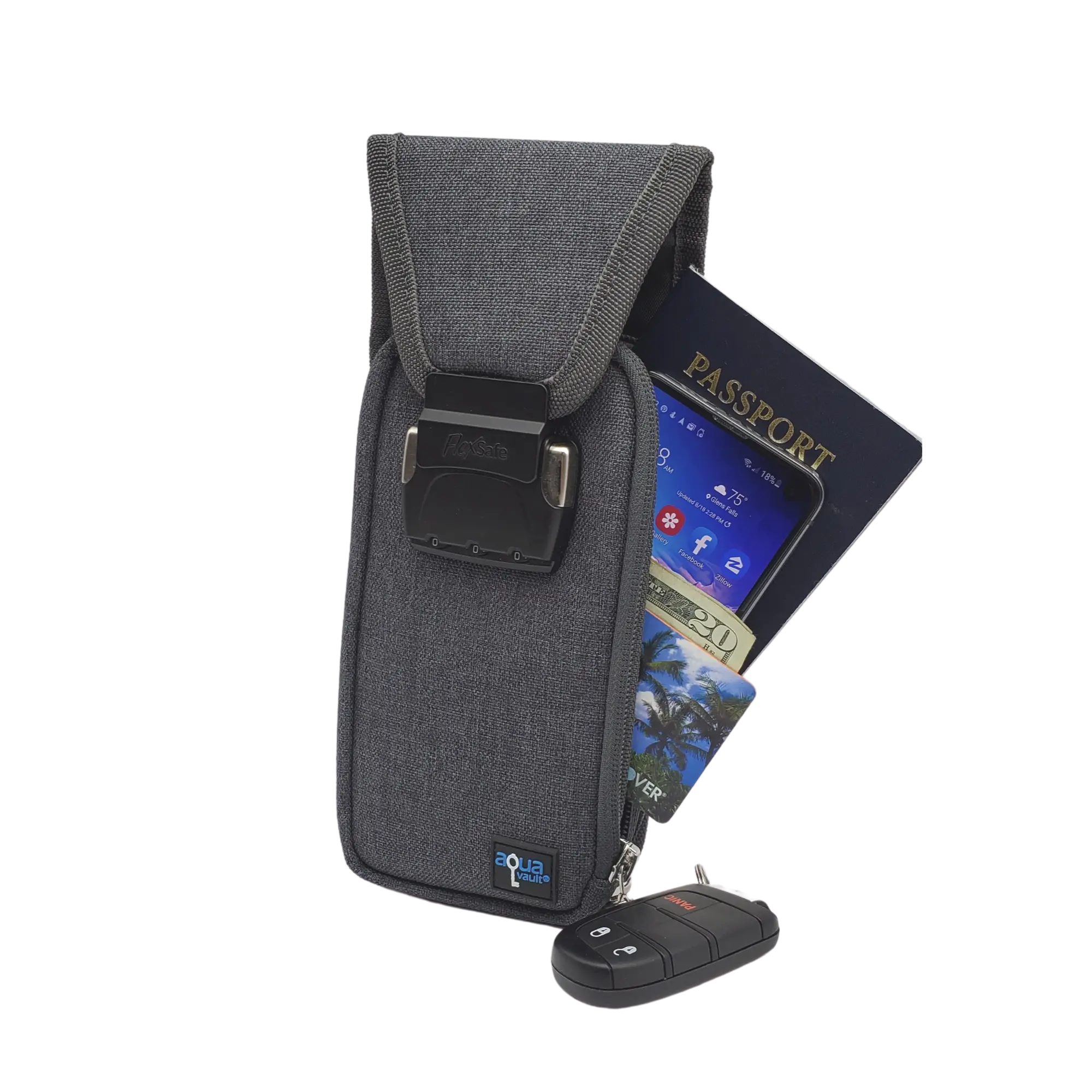 Gray pouch with a passport, card, and car key on a white background