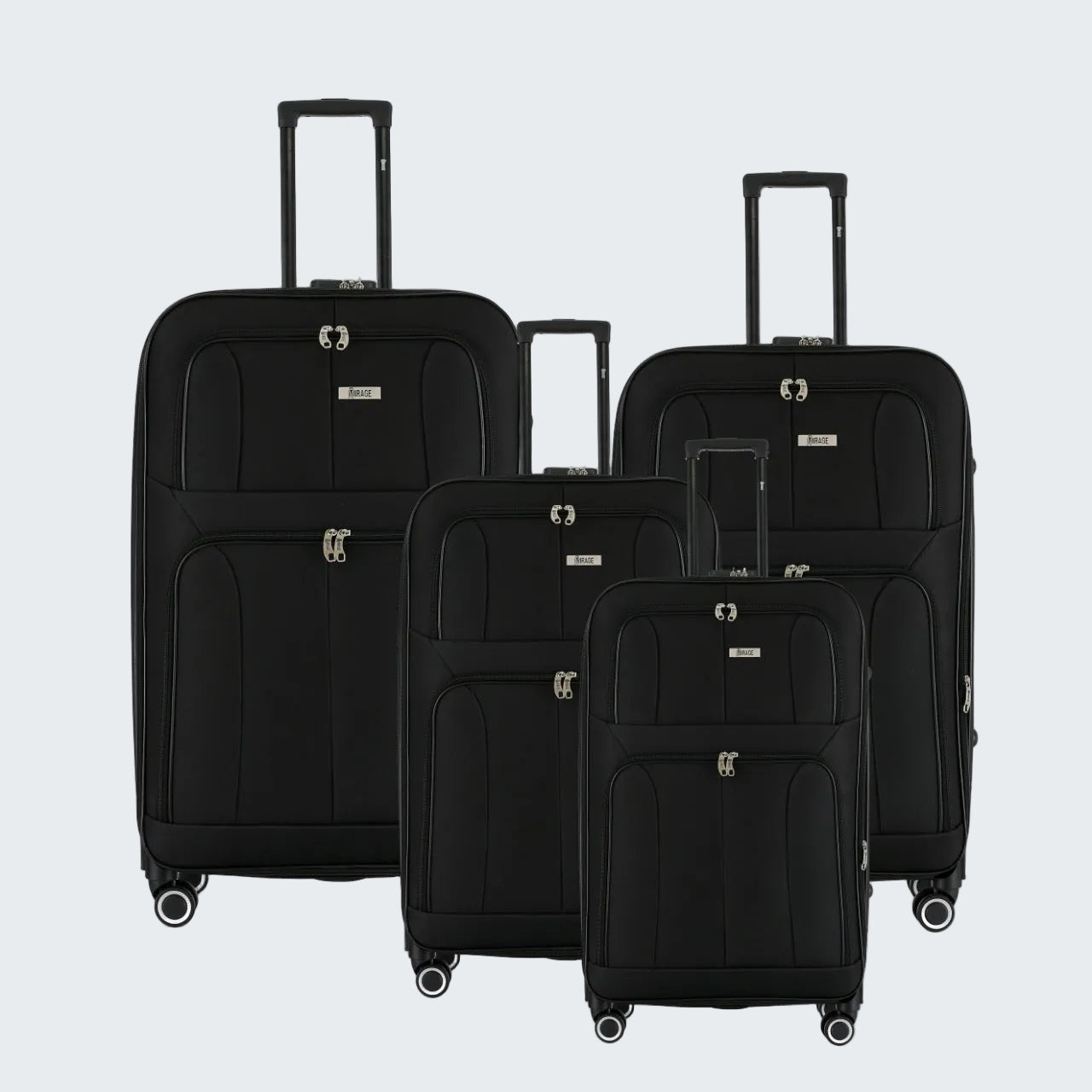 Set of black suitcases of different sizes on a white background