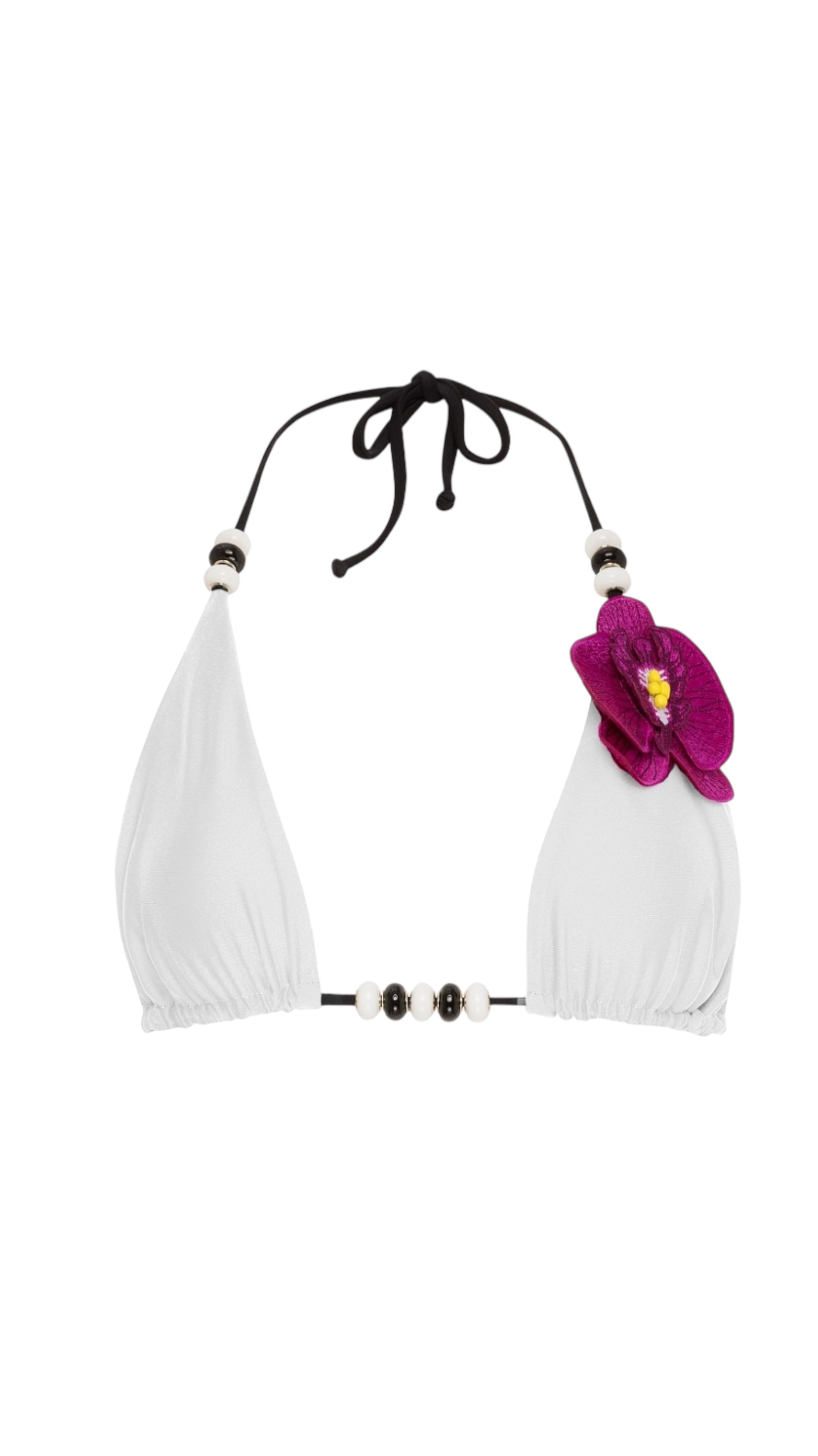 White bikini top with black straps and a pink flower on a white background