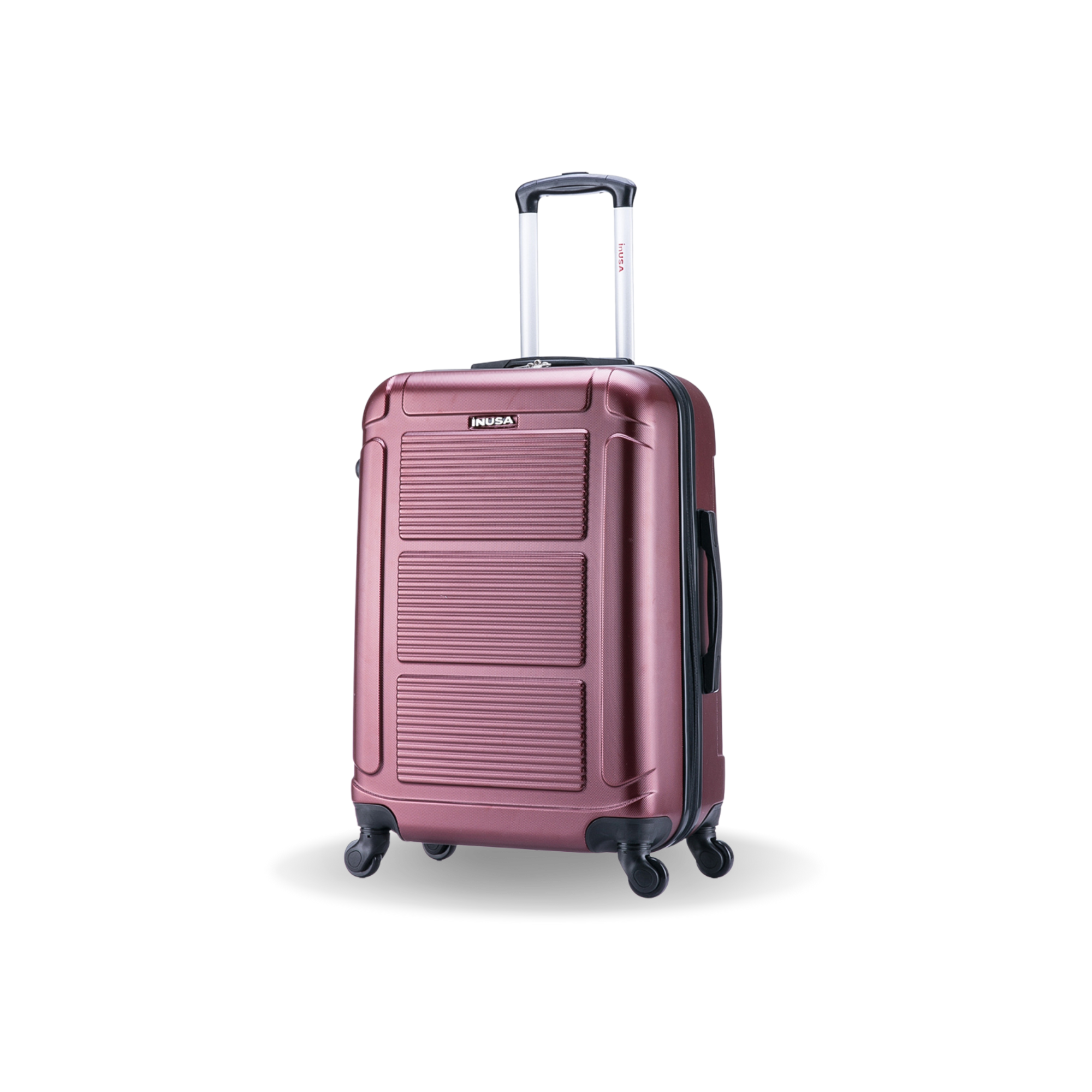 Rose gold suitcase with black handle and wheels on a white background