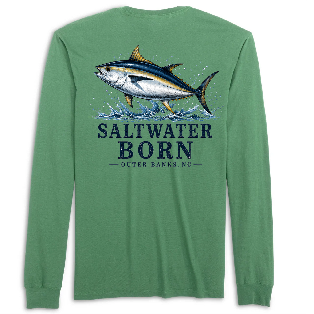 A green long-sleeve t-shirt with a graphic of a tuna fish jumping out of water, above the text 'SALTWATER BORN OUTER BANKS, NC'.