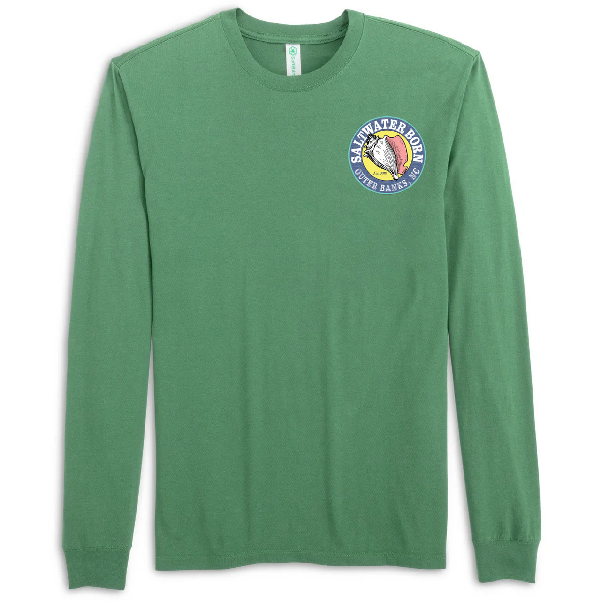 A green long-sleeve crewneck t-shirt with a circular 'Saltwater Fish' logo printed on the left chest, displayed on a clean white background.