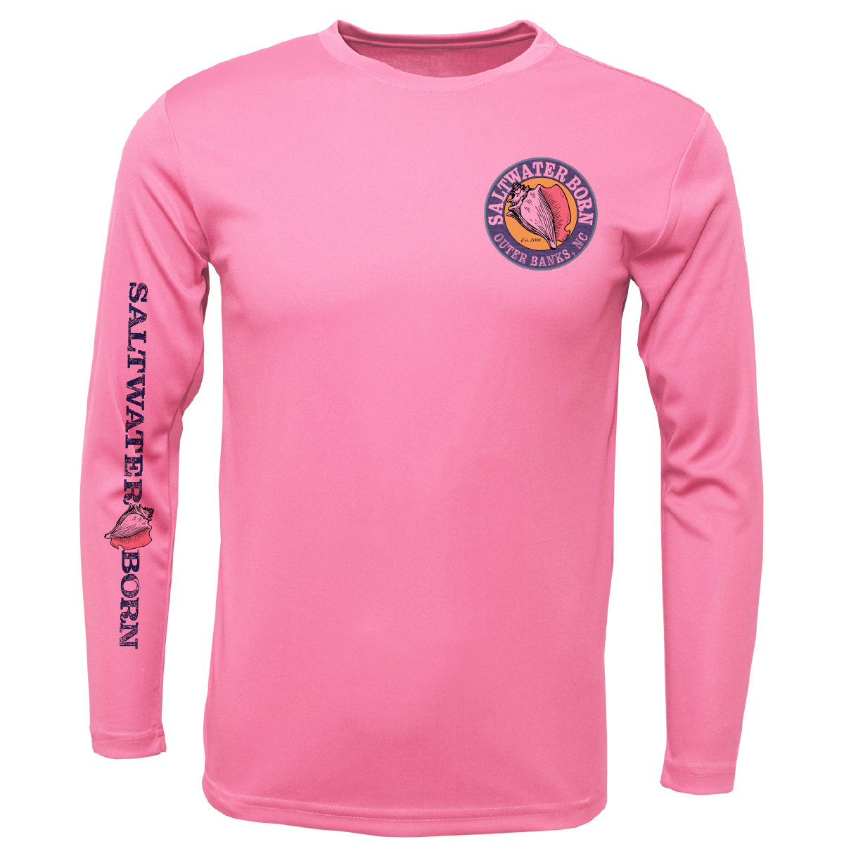 A pink long-sleeve performance shirt with a circular 'Salvador Beach Water Bands' logo on the left chest and 'SALVATORS BORN' printed vertically on the right sleeve, shown on a plain white background.