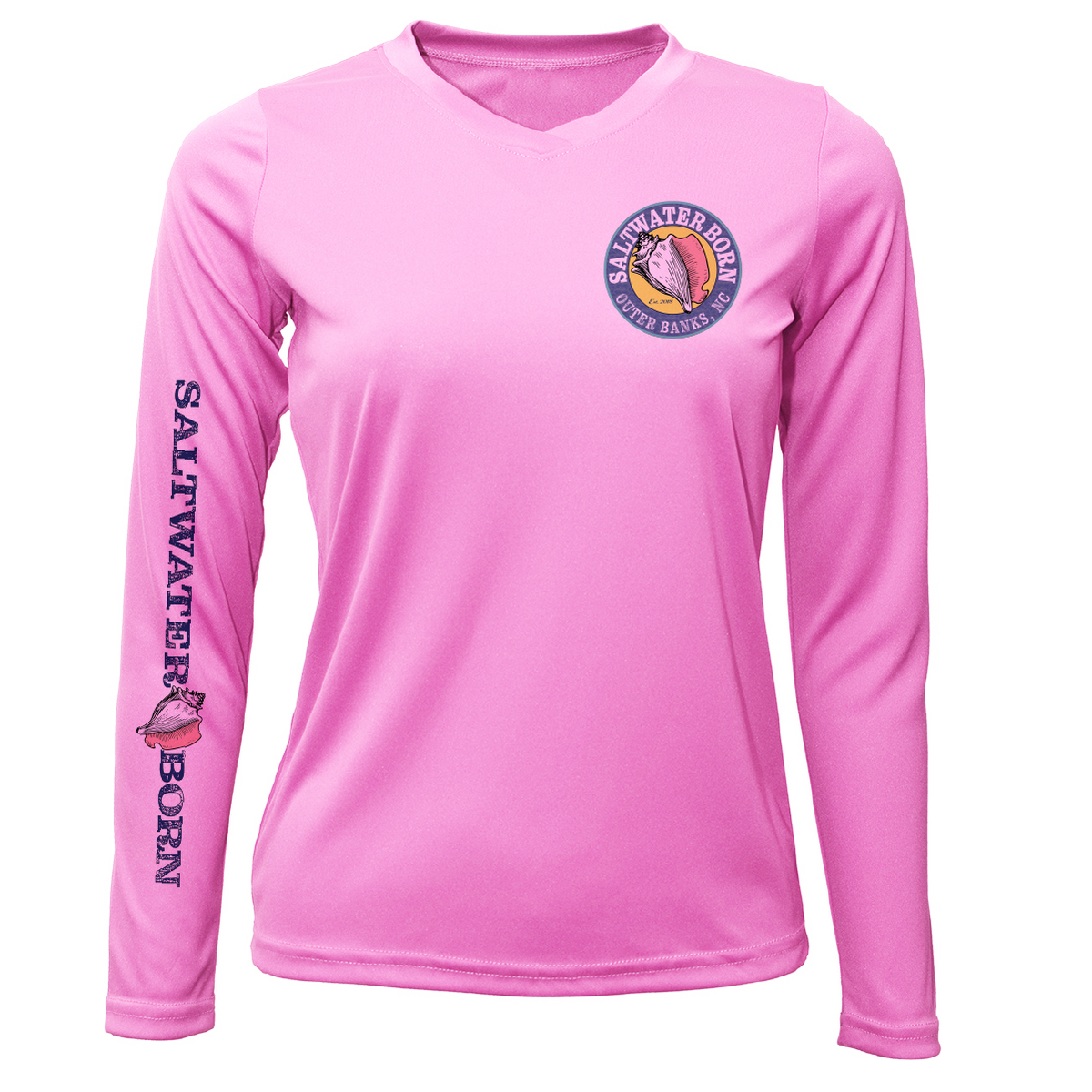A pink long-sleeve V-neck performance shirt with a circular 'Saltwater Born' logo on the left chest and 'SALTWATER BORN' printed vertically on the right sleeve, shown on a white background.