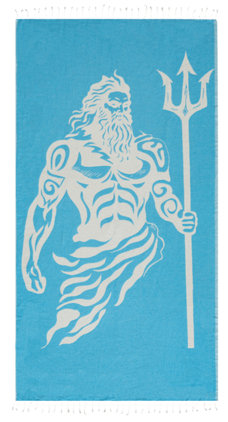 Stylized illustration of a bearded figure with a trident on a blue background