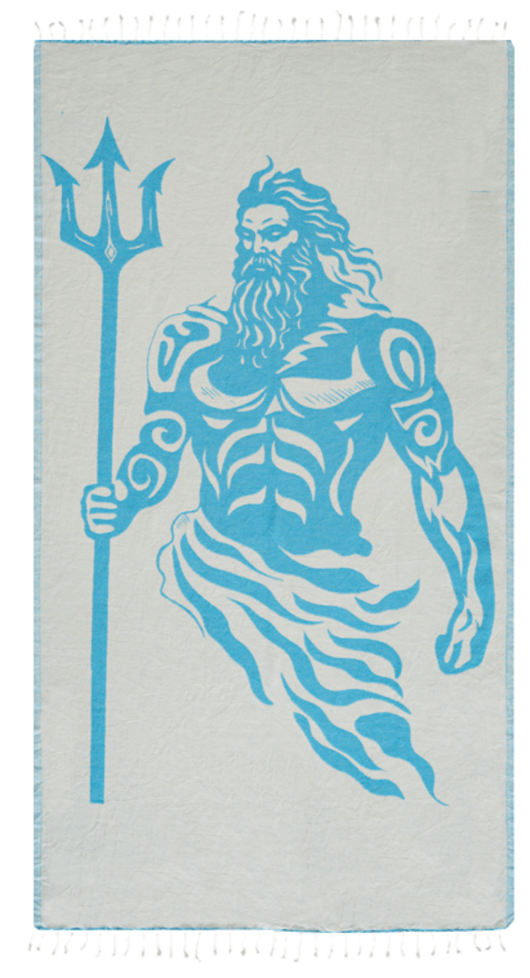 Blue illustration of a bearded figure with a trident on a light gray background