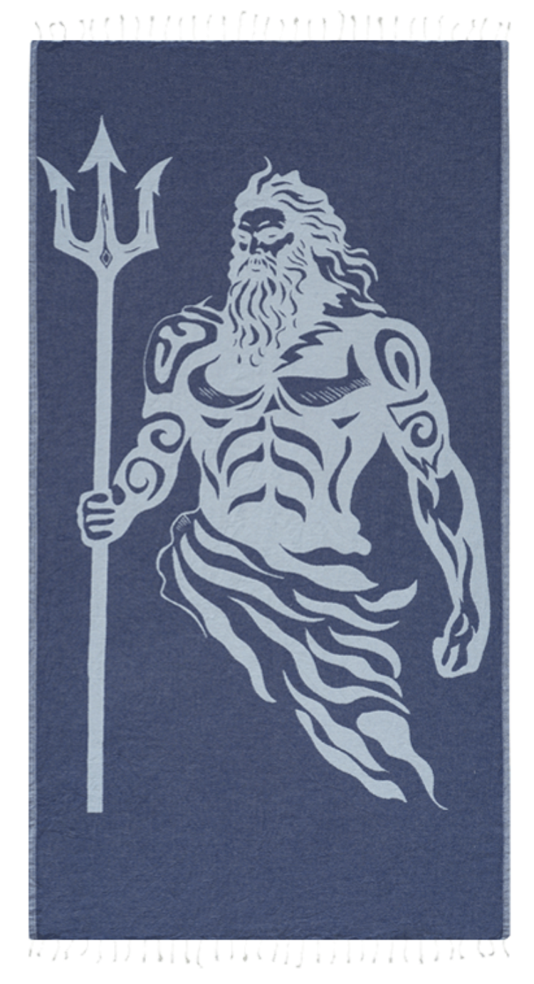 Towel with a design of a bearded figure holding a trident on a blue background