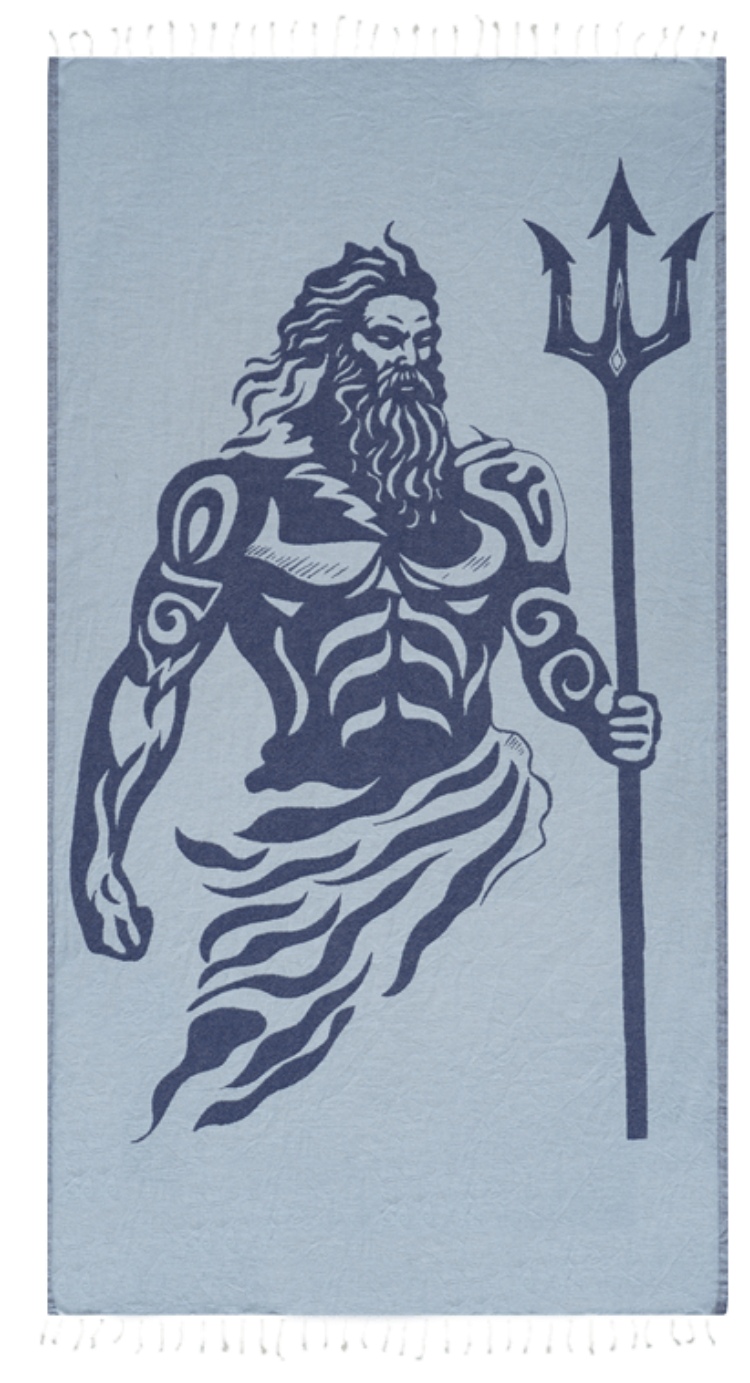 Stylized illustration of a bearded figure with a trident on a light blue background
