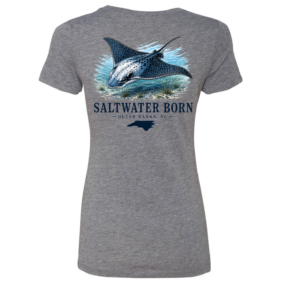 A heather gray short-sleeve t-shirt shown from the back, featuring a graphic print of a manta ray in blue and white, with the text 'SALTWATER BORN' and 'OUTLET BANKS, NC' printed below it.
