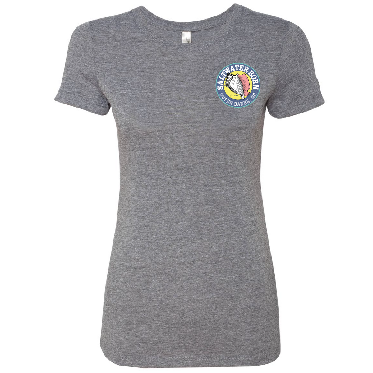 A women's short-sleeve heather gray t-shirt with a colorful circular 'All Water Sports Club' graphic printed on the left chest, displayed on a solid white background.