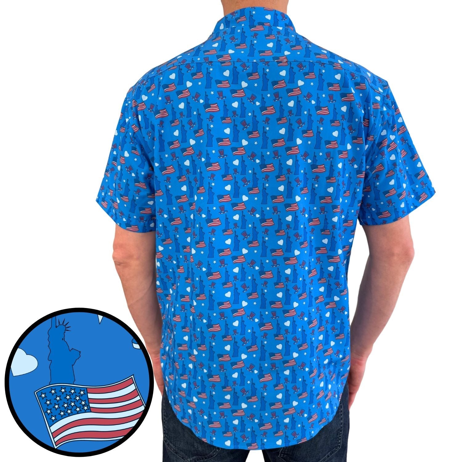 Blue shirt with American flag pattern worn by a person, with a close-up inset of the flag.