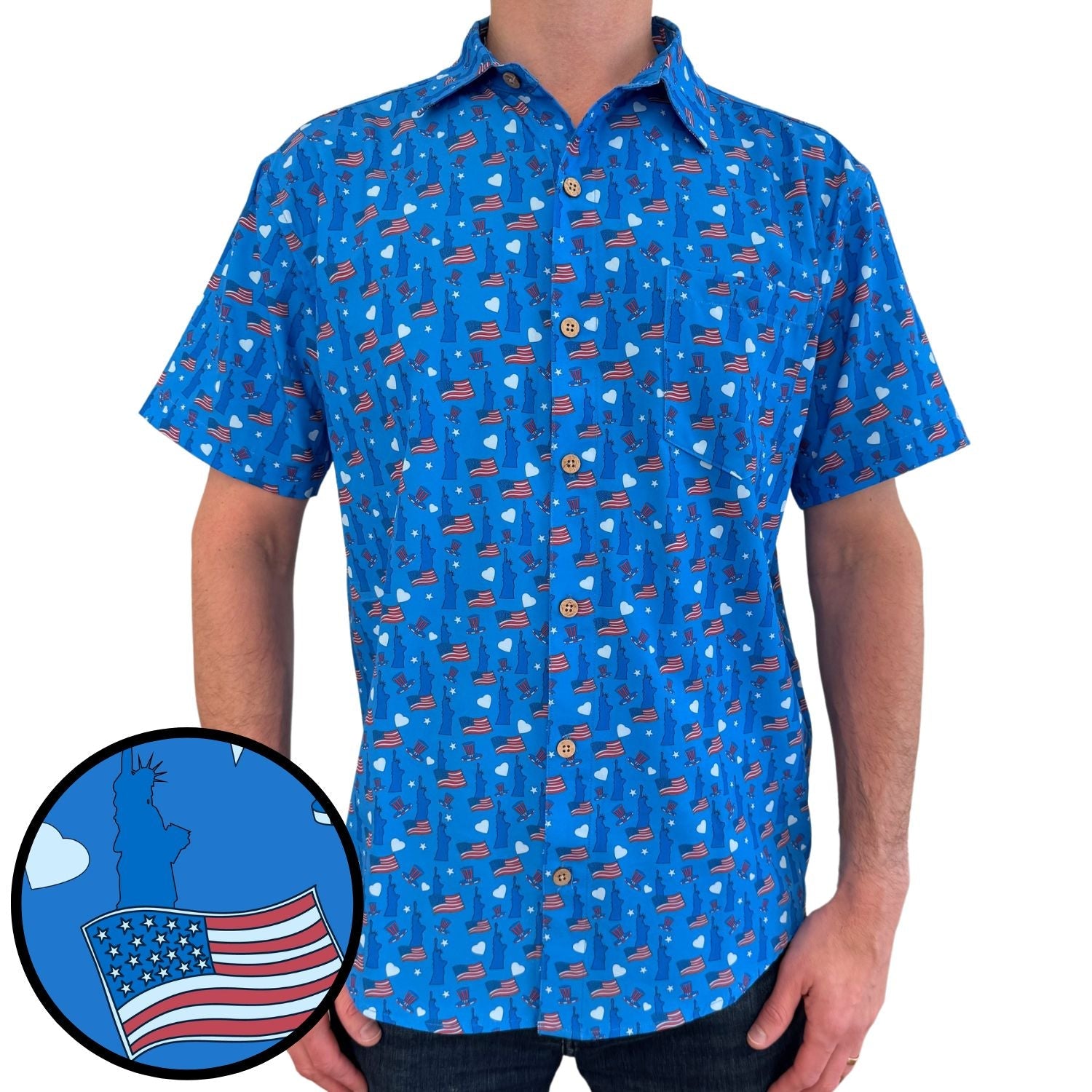 Blue short-sleeve shirt with American flag pattern on a white background